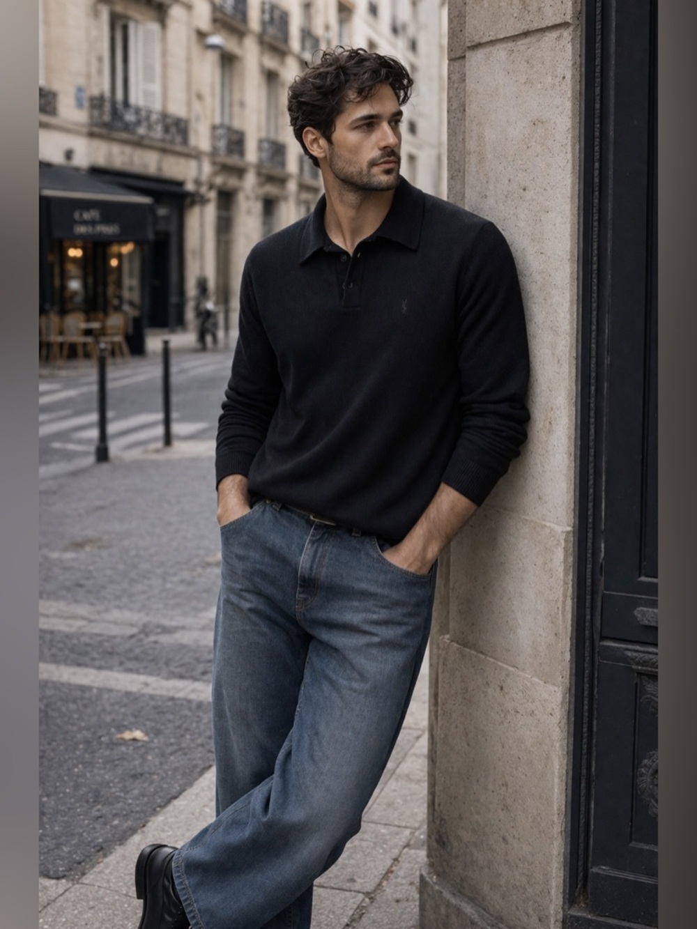 Yves Saint Laurent Vintage Black Knit Polo Long Sleeve Wool Cotton Italy Size 48
